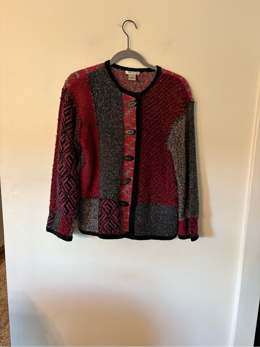 Laura Ashley Red and Gray Patchwork Button Cardigan
